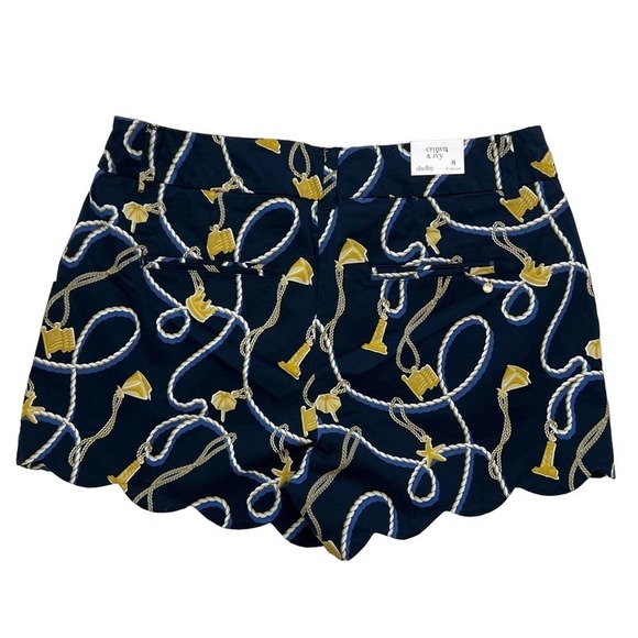 NWT CROWN AND IVY Shelby Navy and Gold Scalloped Sail Rope Print Shorts Size 8 - Picture 2 of 7